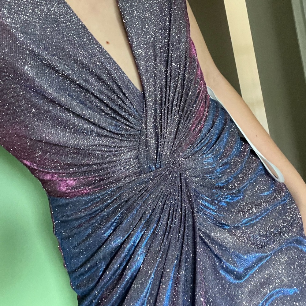 NWT Ieena Mac Duggal Dress Long Metallic Glittered Slit Evening Purple - Picture 7 of 9